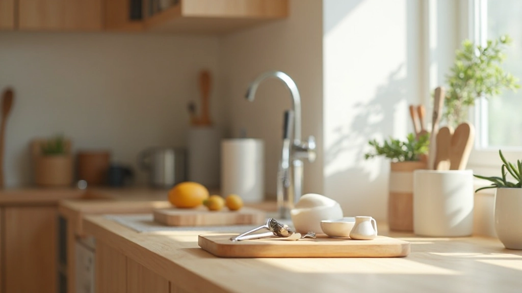 Kitchen workspace with organized prep area, cutting board, few utensils, clear counter space, natural materials, minimal decoration