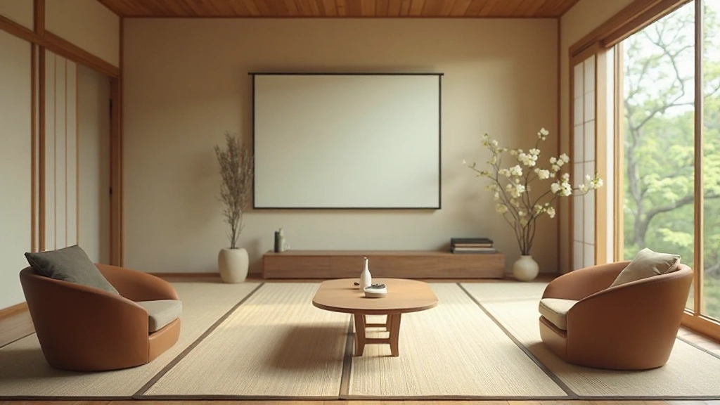 Living room with tatami mat flooring, low furniture, shoji screen divider, natural materials, neutral color palette, peaceful ambiance