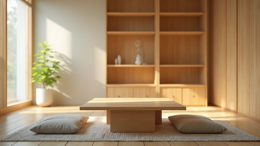 Japanese living room detail showing wooden furniture arrangement, floor level seating, natural materials, organized storage solutions, minimal color palette