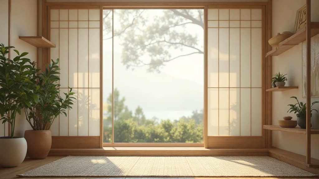 Japanese living room showing natural light control with shoji screens, paper panel dividers, window treatments allowing soft illumination