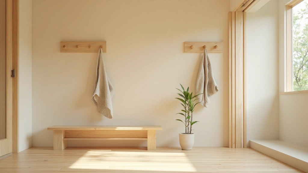 Well-organized entryway with natural wood storage, neutral tones, and single decorative plant