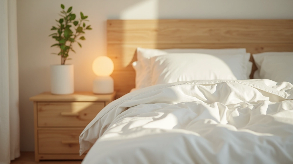 Close-up of minimalist bedroom details showing natural wood texture, white linen bedding, wooden nightstand with lamp, simple decor