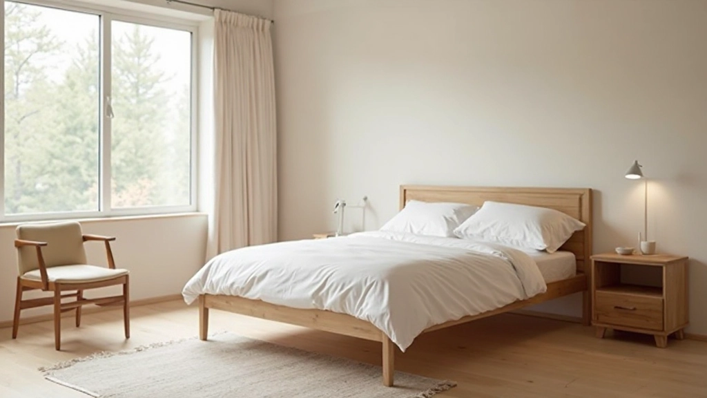 Minimalist bedroom showing essential furniture pieces: bed, nightstand, small dresser, chair, arranged in organized layout with plenty of empty space