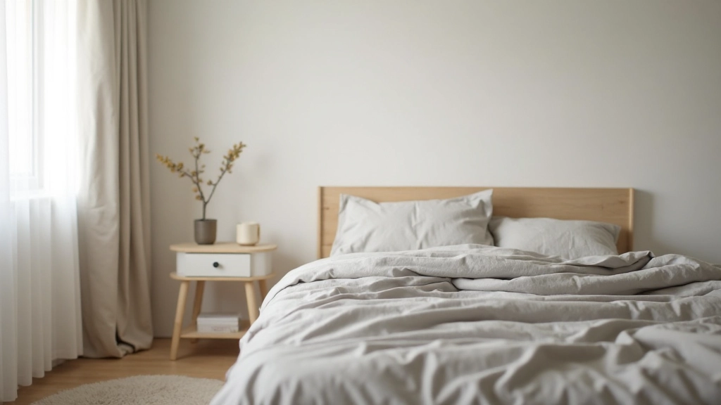 Minimalist bedroom color palette showing white walls, natural wood frame, gray bedding, soft neutral tones, clean aesthetic