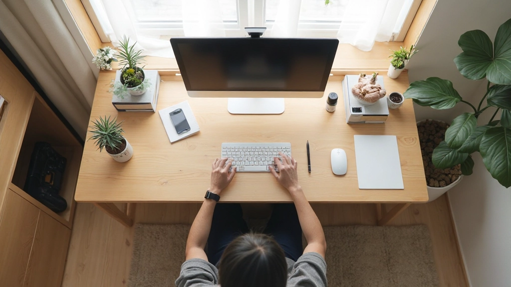 Overhead view of organized minimalist desk layout, showing desk zones, monitor position, storage organization