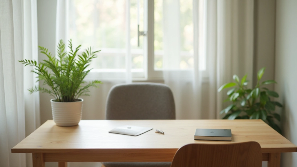 Minimalist home office with clean desk, few essential items, natural light, neutral colors, organized workspace