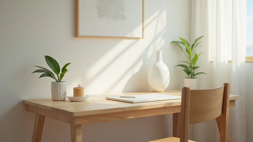 Minimalist home office with natural wood desk, simple chair, single plant, and clean workspace overlooking natural light