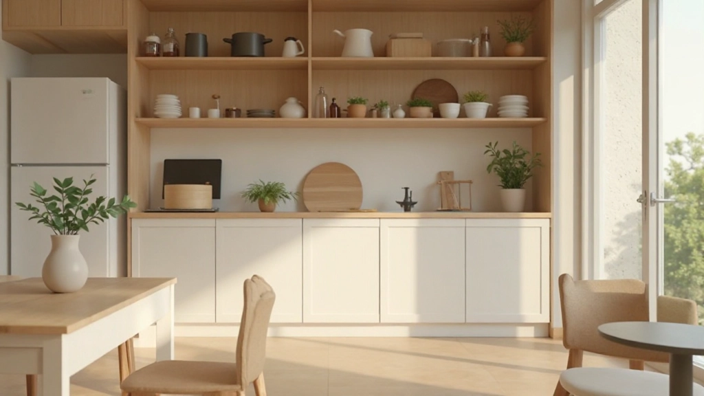 Organized kitchen with open shelving, natural wood cabinets, minimal decorative items, clean countertops, warm neutral tones