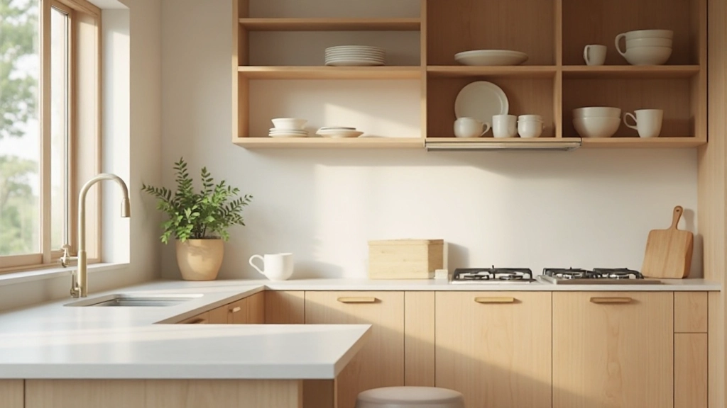 Serene minimalist kitchen with clean lines, natural materials, soft neutral lighting, organized storage, empty counter space