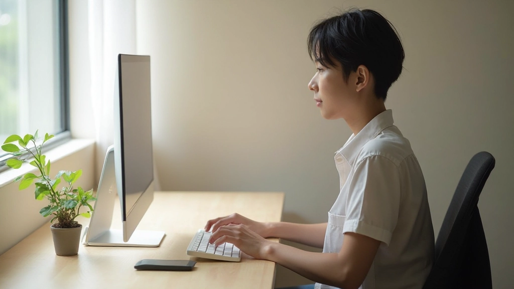 Full minimalist home office workspace, person working at desk, natural light, organized storage, calm environment